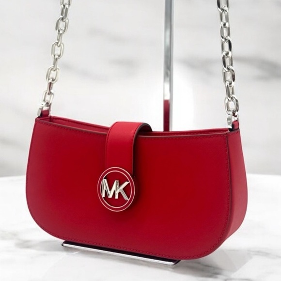 Michael Kors Carmen Small Pouchette Crossbody Bag Red/Silver - Picture 1 of 11